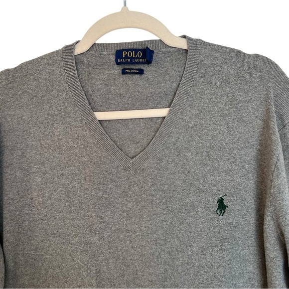 Polo Ralph Lauren Classic Cotton V Neck Sweater Heather Grey Large Preppy Casual - Picture 2 of 5